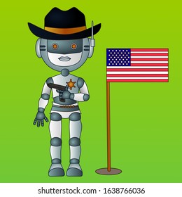 a cool sheriff robot in a black hat and belt with bandolier stands and holds a gun in his hand, and an American flag is stuck nearby in the lawn