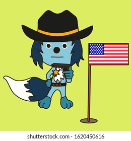 a cool sheriff wolf with blue wool in a black hat and belt with bandolier stands and holds a gun in his hand, and an American flag is stuck nearby in the lawn