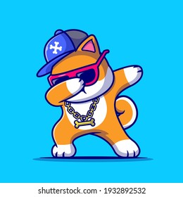 Cool Shiba Inu Perro Dabbing Y Usando Ilustración Del Vector De Caricaturas De Sombrero Y Gafas. Vector Premium Aislado Con Concepto De Icono De Moda Animal. Estilo de dibujo plano