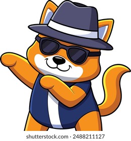 Cool Shiba Inu Perro Dabbing Y El Uso De Sombrero Y Gafas Vector De Dibujos Animados Kawaii Ilustración Icono. Concepto de icono de moda animal Vector de Premium aislado. Estilo plano de dibujos animados