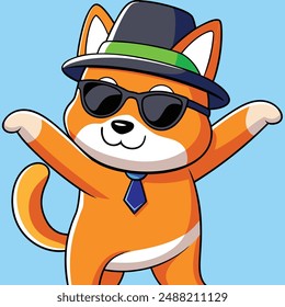 Cool Shiba Inu Perro Dabbing Y El Uso De Sombrero Y Gafas Vector De Dibujos Animados Kawaii Ilustración Icono. Concepto de icono de moda animal Vector de Premium aislado. Estilo plano de dibujos animados