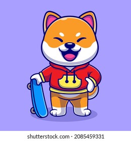 Cool Shiba Inu Dog With Skateboard Cartoon Vector Icon Illustration. Animal Sport Icon Concept Isolated Premium Vector. Flat Cartoon Style