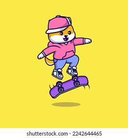 Cool Shiba Inu Playing Skateboard Cartoon Vector Icons Illustration. Flat Cartoon Concept. Suitable for any creative project.