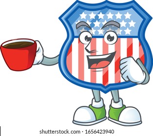 Cool shield badges USA cartoon character with a cup of coffee