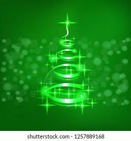 Cool shining Christmas tree on green background; bright glowing vector illustration with stars and bokeh effect for Christmas and New Year greeting cards, wallpapers, invitations, leaflets, banners