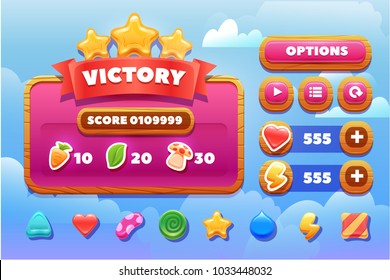 Cool shiny glossy colorful shapes, vector assets for gui design.Cartoon vector title wooden banners and buttons set . for game design.Screen victory