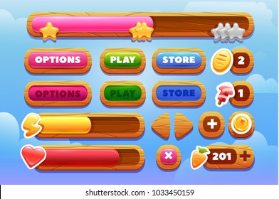  
Cool shiny glossy colorful shapes, vector assets for gui design.Cartoon vector title banners and buttons set . for game design.