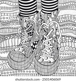 Cool shoes in zentangle style. Coloring book page for adult. black and white. Zentangle patterns.