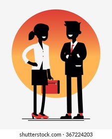 Cool silhouettes of businessman and businesswoman standing isolated. Adult couple of businessmen smiling. Abstract vector characters of business lady and young man