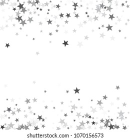 Cool silver glitter falling stars vector template for birthday party, wedding invitation card, flyer, voucher, holiday banner.  Silver sparkle stars holiday confetti glitter border on white background
