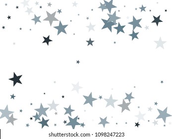 Cool silver glitter falling stars vector template for birthday party, wedding invitation card, flyer, voucher, holiday banner.  Silver sparkle stars holiday confetti glitter on white background.