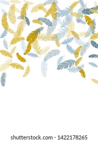 Cool silver gold feathers vector background. Falling feather elements soft vector design. Decoration confetti of carnival plumelet. Plumage fluff dreams symbols.