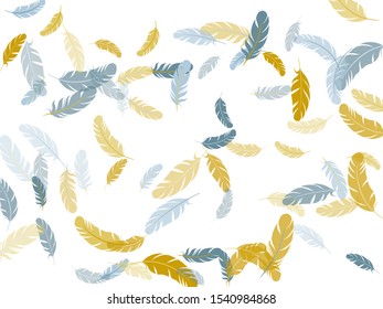 Cool silver gold feathers vector background. Fluffy twirled feathers on white design. Plumage fluff dreams symbols. Decoration confetti of carnival plumelet.
