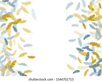 Cool silver gold feathers vector background. Plumage bohemian fashion shower decor. Falling feather elements soft vector design. Soft plumelet native indian ornament.