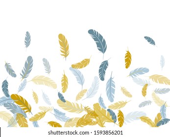 Cool silver gold feathers vector background. Angel wing plumage concept. Quill plumelet silhouettes illustration. Flying feather elements airy vector design.