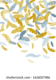 Cool silver gold feathers vector background. Angel wing plumage concept. Flying feather elements airy vector design. Smooth plumelet tribal ornate graphics.