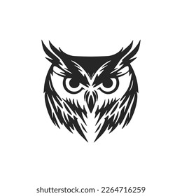 Genial, simple logo de búho negro. Aislado sobre un fondo blanco.