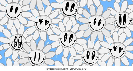 Cool Simple Colorful Funny Abstract Graffiti Style Happy Smiling Flowers Seamless Background