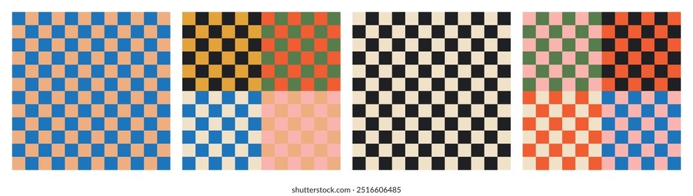 Cool simple geometric Y2K backgrounds. Colorful trendy checker board square seamless pattern collection. Set of geometric pastel square background in vintage 90s style, groovy multicoloured retro