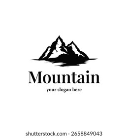 Un concepto de logotipo de montaña fresco, simple y minimalista para paisajes naturales y hermosas siluetas negras de la naturaleza, diseño para Plantilla de ilustración de carteles o marca de productos comerciales.