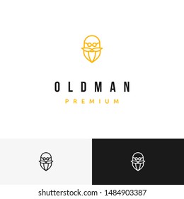 Cool and simple mono line balded, bearded and mustached man with eyeglasses logo design inspiration