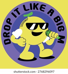 Cool singing melon fruit mascot holding microphone with playful music energy in vibrant retro cartoon style, ideal for music-themed design.