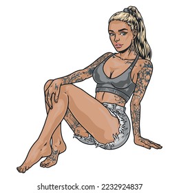 Cool sit girl colorful sketch portrait blonde woman in shorts and tank top with tattoos for fashion magazine vector illustration