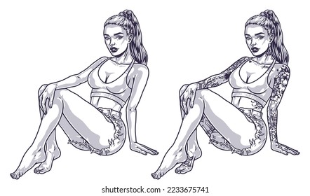 Cool sit girl sketch monochrome urban look with summer shorts and tank top on woman with tattoos vector illustration