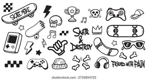 Cool skateboard and gaming doodle vector set for stickers, t-shirts, posters, and other uses.