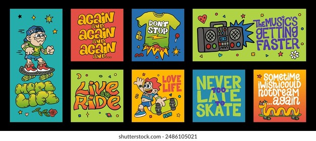 Cool skateboard poster. Slogan girl shirt, skate boy. Sticker cartoon style collection, print cute, play game tee. Doodle sport happy characters, sunglasses, skater patches. Vector badge retro graphic