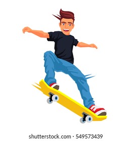 Cool skateboarder doing a trick on a skateboard. Vector illustration on white background. Sports concept.