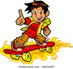 Cool Skateboarding Boy On Fire Giving the "Number One" Hand Gesture