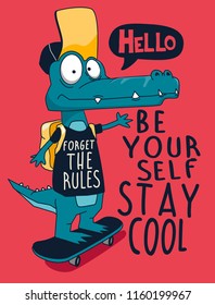 cool skater crocodile  with skateboard vector design for t shirt. 