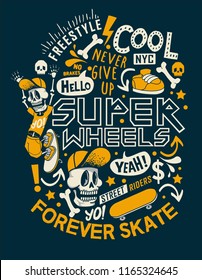 Cool skater skeleton vector with bones, skateboard and typography for t shirt