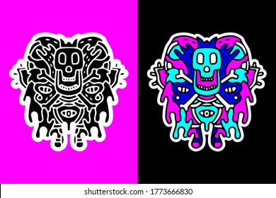 Cool skeleton doodle illustration for poster, sticker, or apparel merchandise.With vaporwave/synthwave style, aesthetics of 80s.
