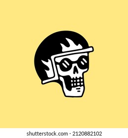 Cool skeleton head with helmet and sunglasses, illustration for t-shirt, sticker, or apparel merchandise. With retro cartoon style.