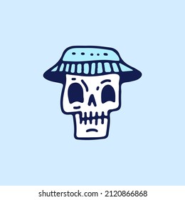 Cool skeleton head wearing bucket hat, illustration for t-shirt, sticker, or apparel merchandise. With retro cartoon style.