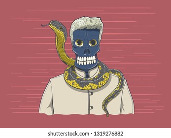 Cool Skeleton In Kung Fu Suit With King Cobra On His Neck.