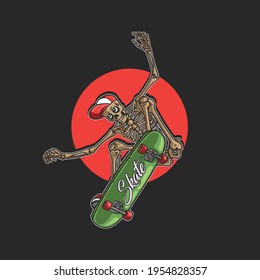 cool skeleton playing skateboard extreme illustration