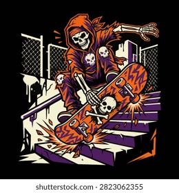 A cool skeleton skater performs a trick on the stairs