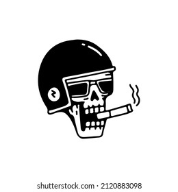 Cool skeleton wearing helmet and sunglasses, smoking cigarette, illustration for t-shirt, sticker, or apparel merchandise. With retro cartoon style. svg