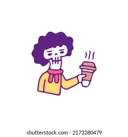 Calavera fría con pelo de afro bebe una taza de café, ilustración para camisetas, pegatinas o prendas de vestir. Con doodle, retro y estilo de caricatura.