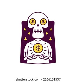 Cool skull character with dollar coin, illustration for t-shirt, sticker, or apparel merchandise. With doodle, retro, and cartoon style.