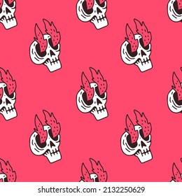 Cool skull with fire in the eyes. Background seamless pattern Illustration for street wear, t shirt, poster, logo, sticker, or apparel merchandise. Retro and pop art style.