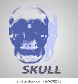 Cool skull with glitch effect. Blue object isolated on grey background. Text. Vector.
