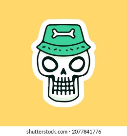 Cool skull head with bucket hat illustration. Vector graphics for t-shirt prints and other uses.