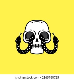 Cool skull head with snakes on the eyes, illustration for t-shirt, sticker, or apparel merchandise. With doodle, retro, and cartoon style.