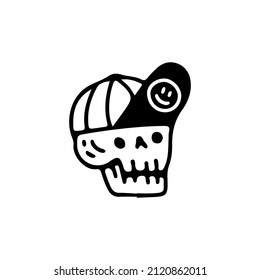 Cool skull head wearing snap back hat, illustration for t-shirt, sticker, or apparel merchandise. With retro cartoon style.