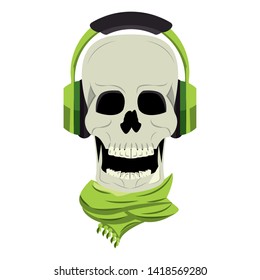 Cool skull with headphones and scarf cartoon vector illustration graphic design