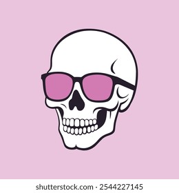 Ilustração de Caveira Legal com Óculos de Sol Rosa em Estilo Moderno de Arte Pop.